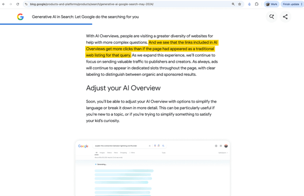 Screenshot of Google's official blog post "Generative AI in Search: Let Google do the searching for you" (blog.google, May 2024), with the sentence "And we see that the links included in AI Overviews get more clicks than if the page had appeared as a traditional web listing for that query" highlighted in yellow.
